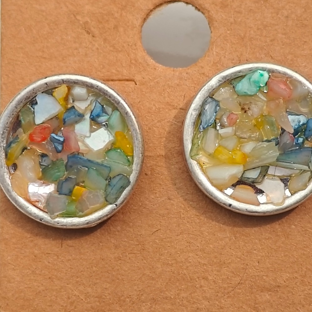 Multicolor Mosaic Shell Stone Stud Earrings Silver Tone Round Circle Post Back